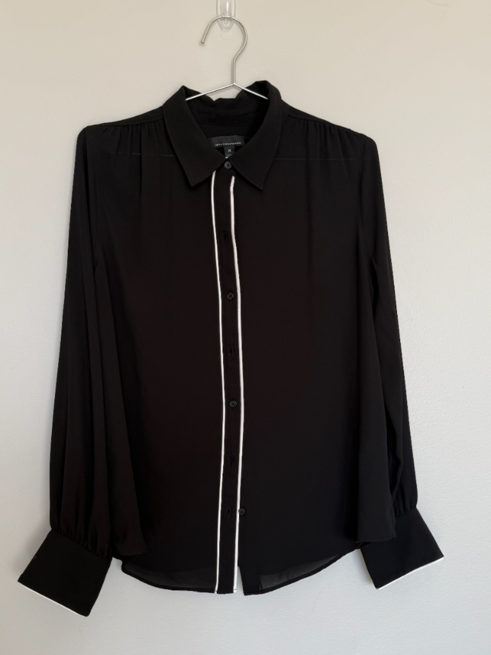WHBM Long Sleeved Black Blouse with White Piping Trim